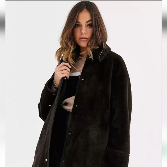NWT ASOS Pull&Bear faux fur jacket with poppers in chocolate Size Small - Picture 4 of 10